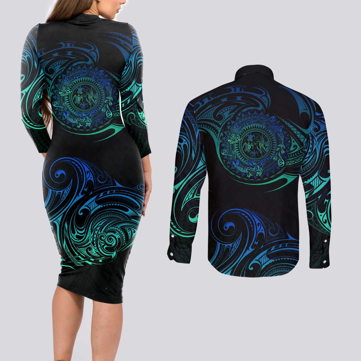 Sea Animal Polynesia Couples Matching Long Sleeve Bodycon Dress and Long Sleeve Button Shirt Polynesian Pattern DT02 - Polynesian Pride