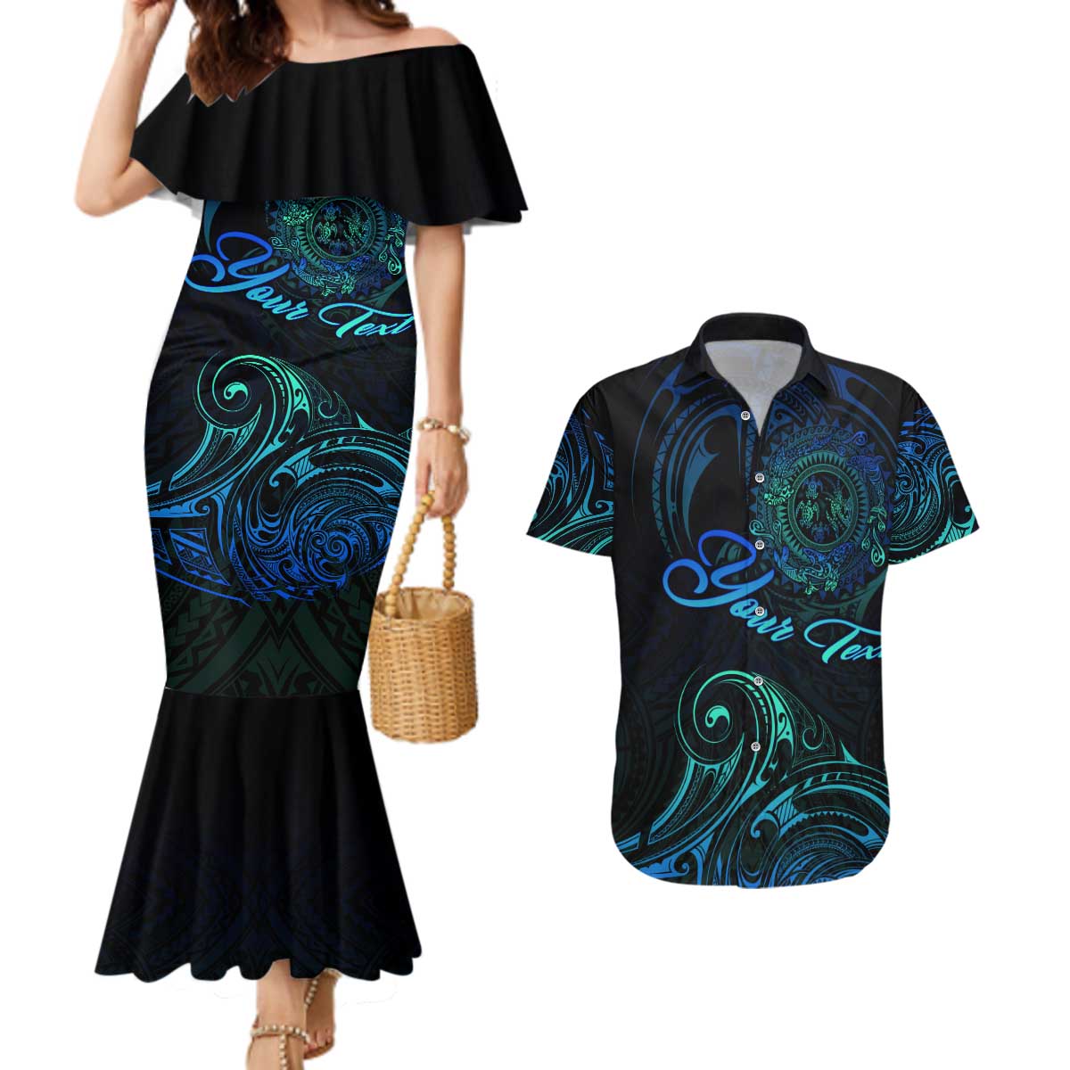 Sea Animal Polynesia Couples Matching Mermaid Dress and Hawaiian Shirt Polynesian Pattern