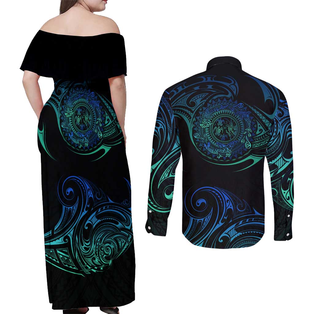 Sea Animal Polynesia Couples Matching Off Shoulder Maxi Dress and Long Sleeve Button Shirt Polynesian Pattern DT02 - Polynesian Pride