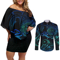 Sea Animal Polynesia Couples Matching Off Shoulder Short Dress and Long Sleeve Button Shirt Polynesian Pattern DT02 Black - Polynesian Pride