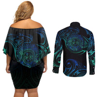 Sea Animal Polynesia Couples Matching Off Shoulder Short Dress and Long Sleeve Button Shirt Polynesian Pattern DT02 - Polynesian Pride