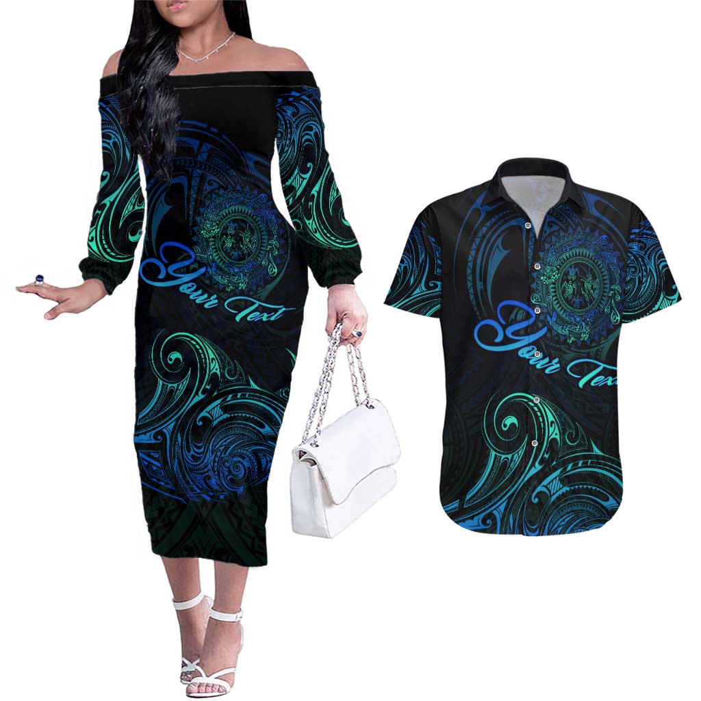 Sea Animal Polynesia Couples Matching Off The Shoulder Long Sleeve Dress and Hawaiian Shirt Polynesian Pattern DT02 Black - Polynesian Pride