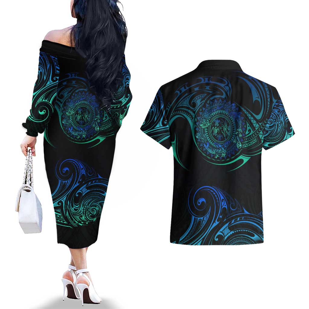 Sea Animal Polynesia Couples Matching Off The Shoulder Long Sleeve Dress and Hawaiian Shirt Polynesian Pattern DT02 - Polynesian Pride