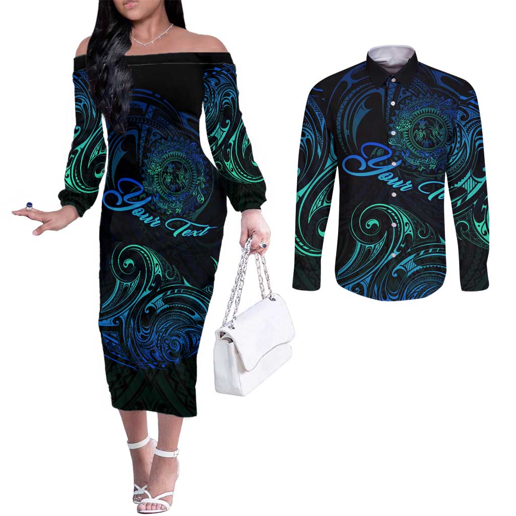 Sea Animal Polynesia Couples Matching Off The Shoulder Long Sleeve Dress and Long Sleeve Button Shirt Polynesian Pattern DT02 Black - Polynesian Pride