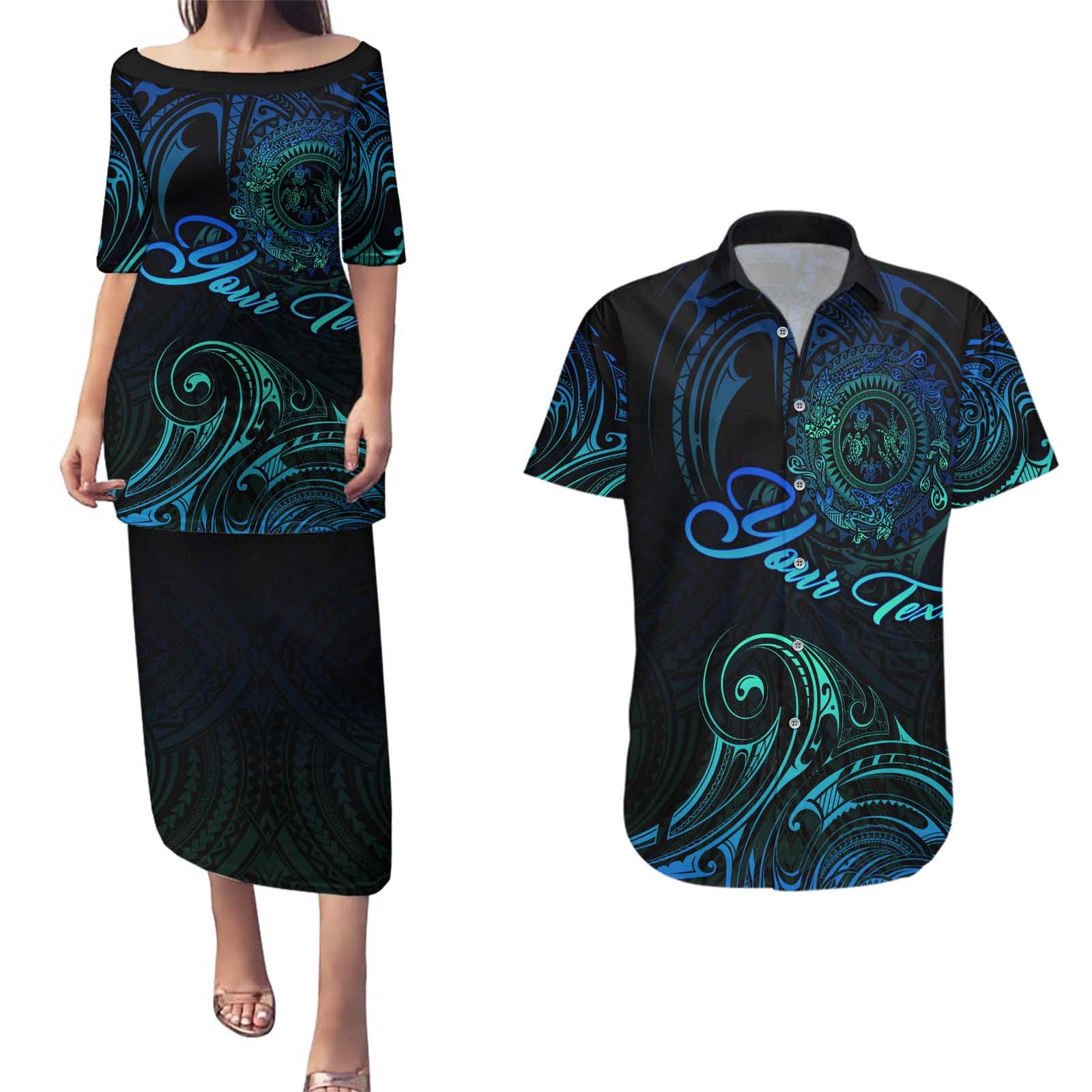 Sea Animal Polynesia Couples Matching Puletasi and Hawaiian Shirt Polynesian Pattern DT02 Black - Polynesian Pride