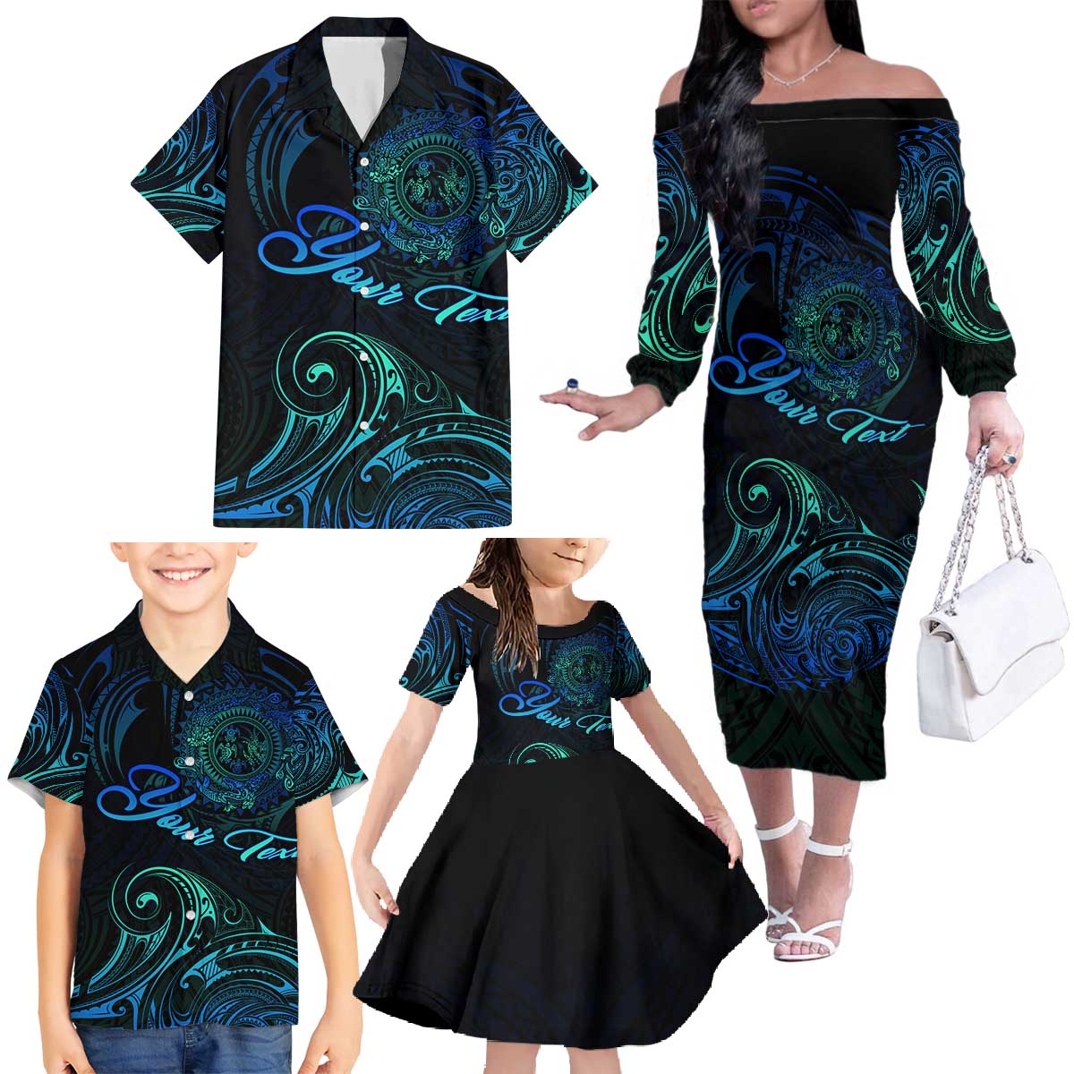 Sea Animal Polynesia Family Matching Off The Shoulder Long Sleeve Dress and Hawaiian Shirt Polynesian Pattern