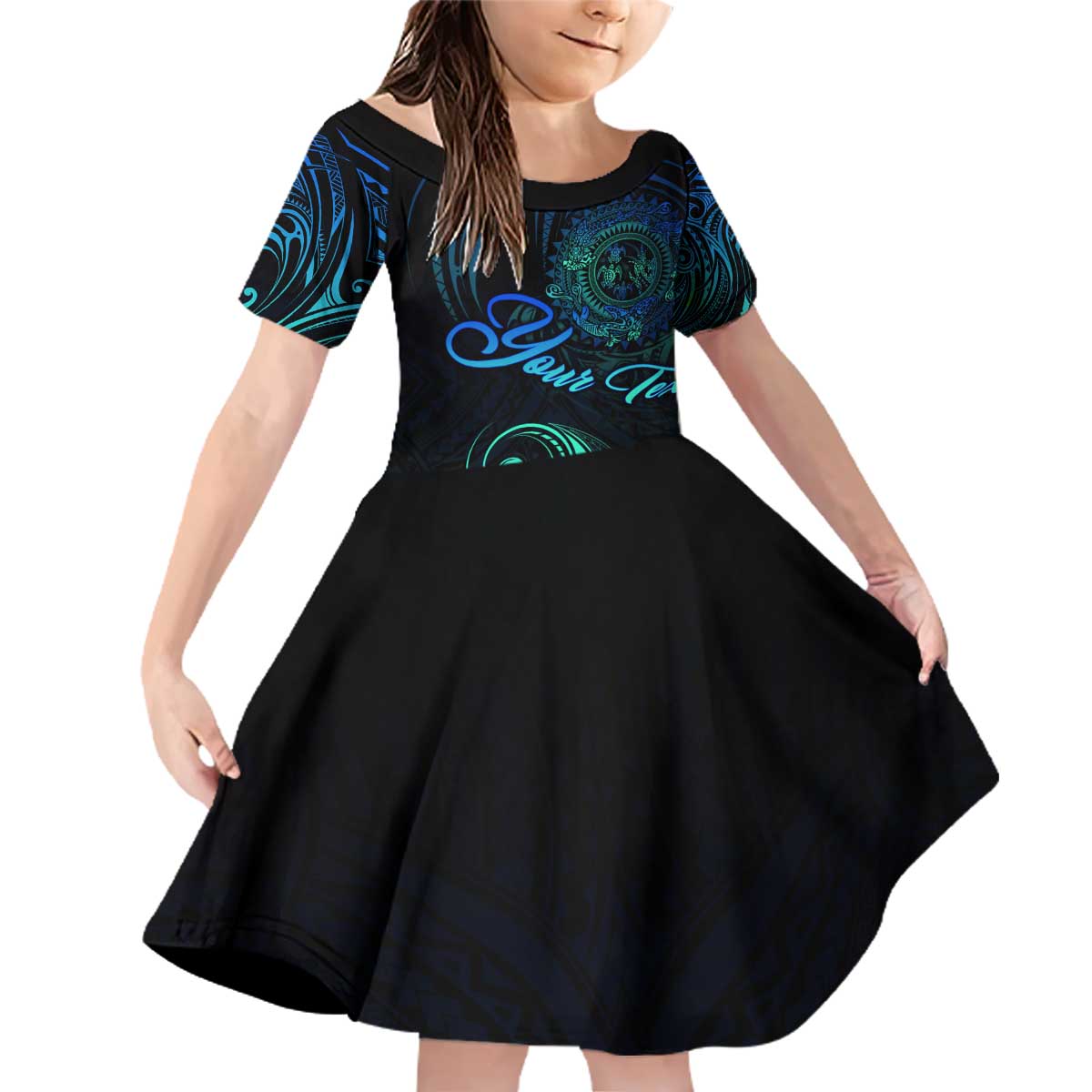 Sea Animal Polynesia Family Matching Off Shoulder Short Dress and Hawaiian Shirt Polynesian Pattern DT02 Daughter's Dress Black - Polynesian Pride