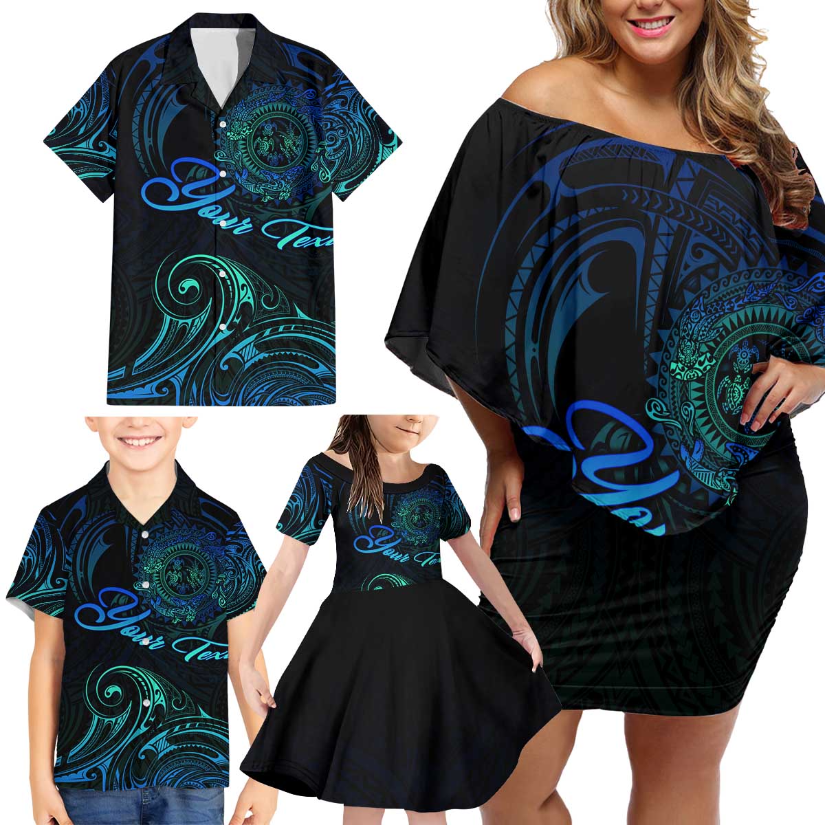 Sea Animal Polynesia Family Matching Off Shoulder Short Dress and Hawaiian Shirt Polynesian Pattern