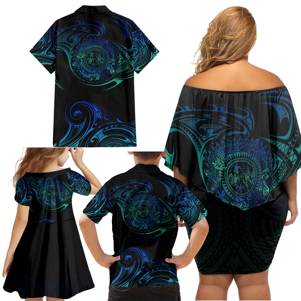 Sea Animal Polynesia Family Matching Off Shoulder Short Dress and Hawaiian Shirt Polynesian Pattern DT02 - Polynesian Pride