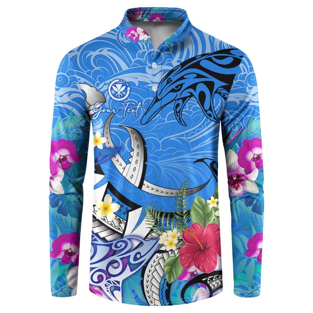 Aloha Hawaii Button Sweatshirt Dolphins and Fish Hook Hibiscus