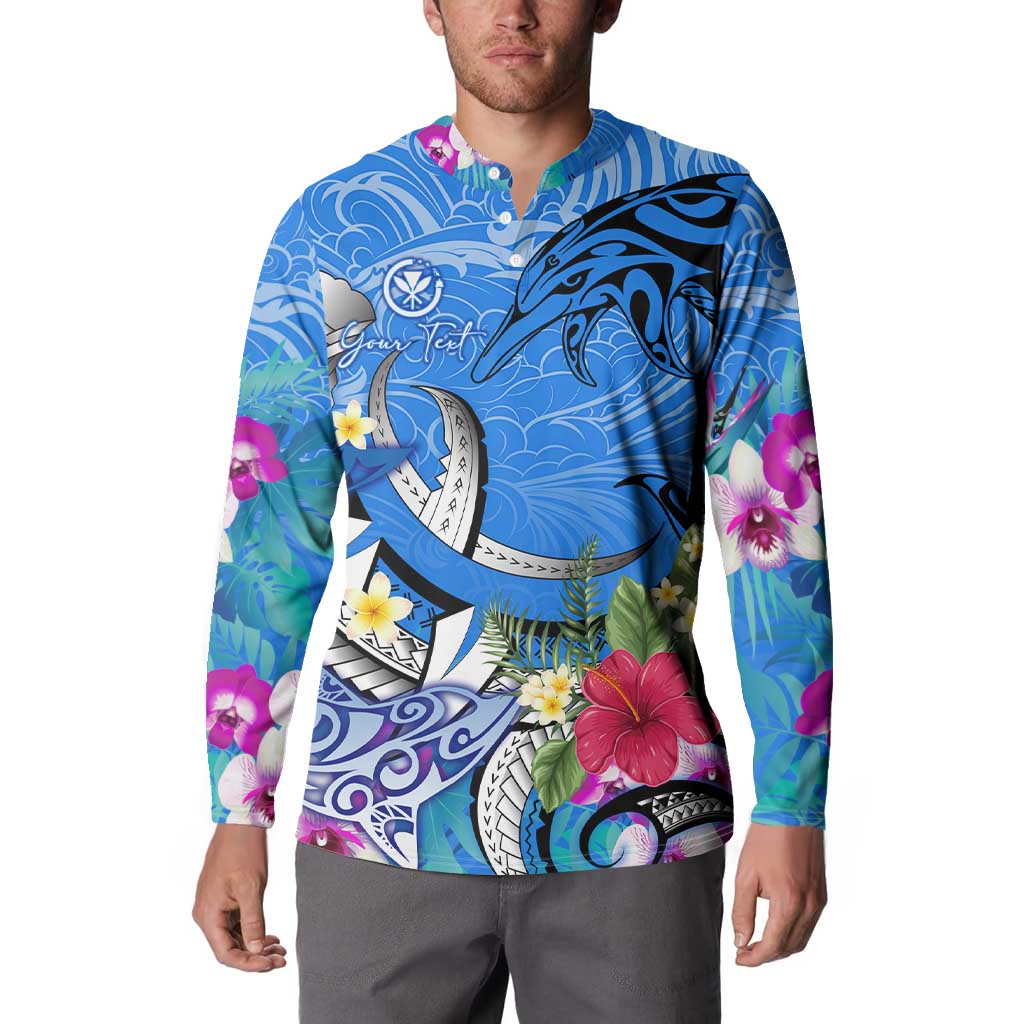 Aloha Hawaii Button Sweatshirt Dolphins and Fish Hook Hibiscus