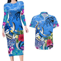 Aloha Hawaii Couples Matching Long Sleeve Bodycon Dress and Hawaiian Shirt Dolphins and Fish Hook Hibiscus