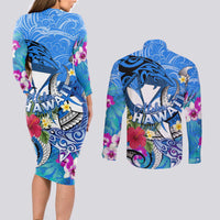 Aloha Hawaii Couples Matching Long Sleeve Bodycon Dress and Long Sleeve Button Shirt Dolphins and Fish Hook Hibiscus