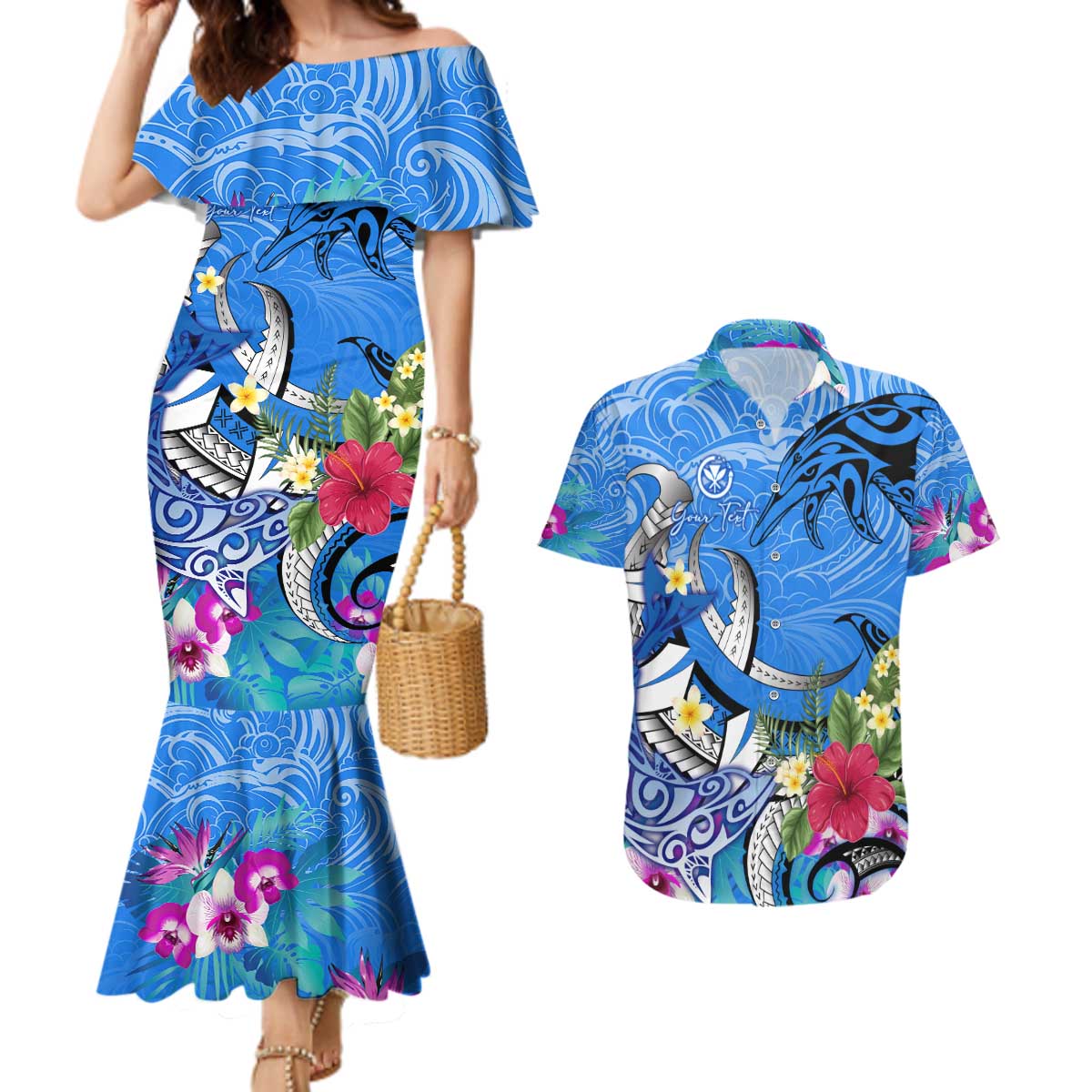 Aloha Hawaii Couples Matching Mermaid Dress and Hawaiian Shirt Dolphins and Fish Hook Hibiscus