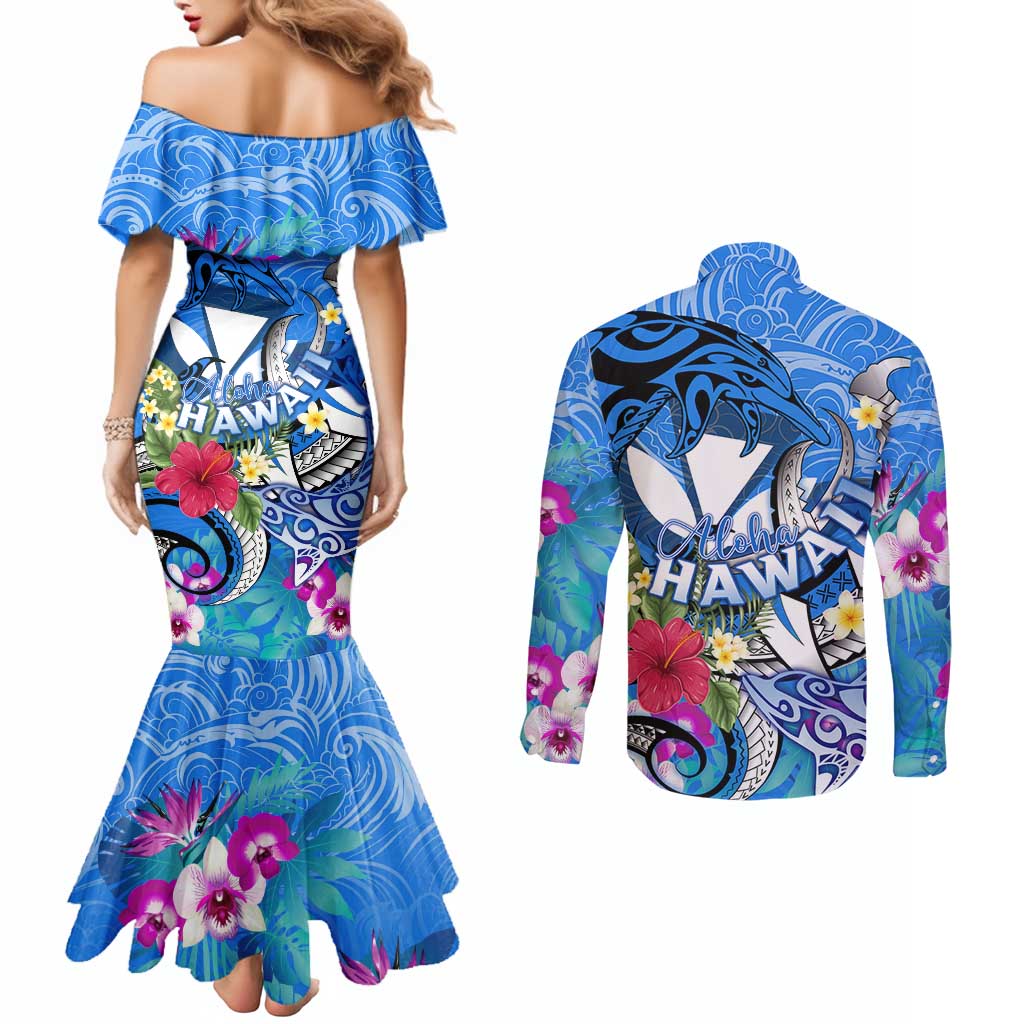 Aloha Hawaii Couples Matching Mermaid Dress and Long Sleeve Button Shirt Dolphins and Fish Hook Hibiscus