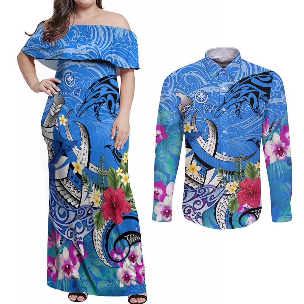 Aloha Hawaii Couples Matching Off Shoulder Maxi Dress and Long Sleeve Button Shirt Dolphins and Fish Hook Hibiscus