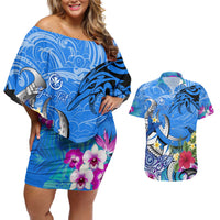 Aloha Hawaii Couples Matching Off Shoulder Short Dress and Hawaiian Shirt Dolphins and Fish Hook Hibiscus DT02 Blue - Polynesian Pride