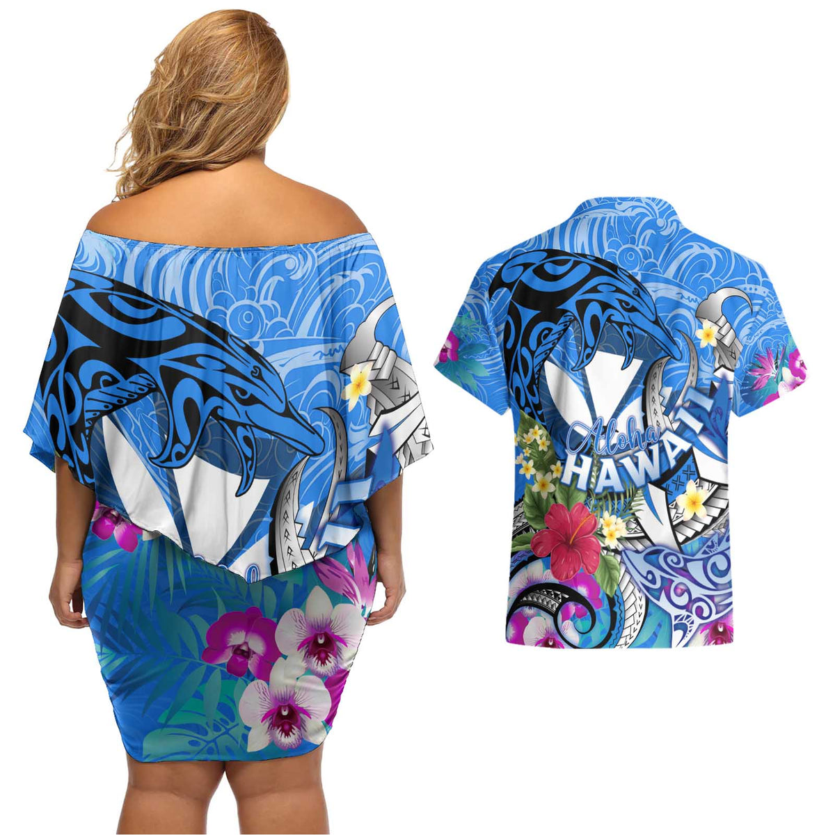 Aloha Hawaii Couples Matching Off Shoulder Short Dress and Hawaiian Shirt Dolphins and Fish Hook Hibiscus DT02 - Polynesian Pride