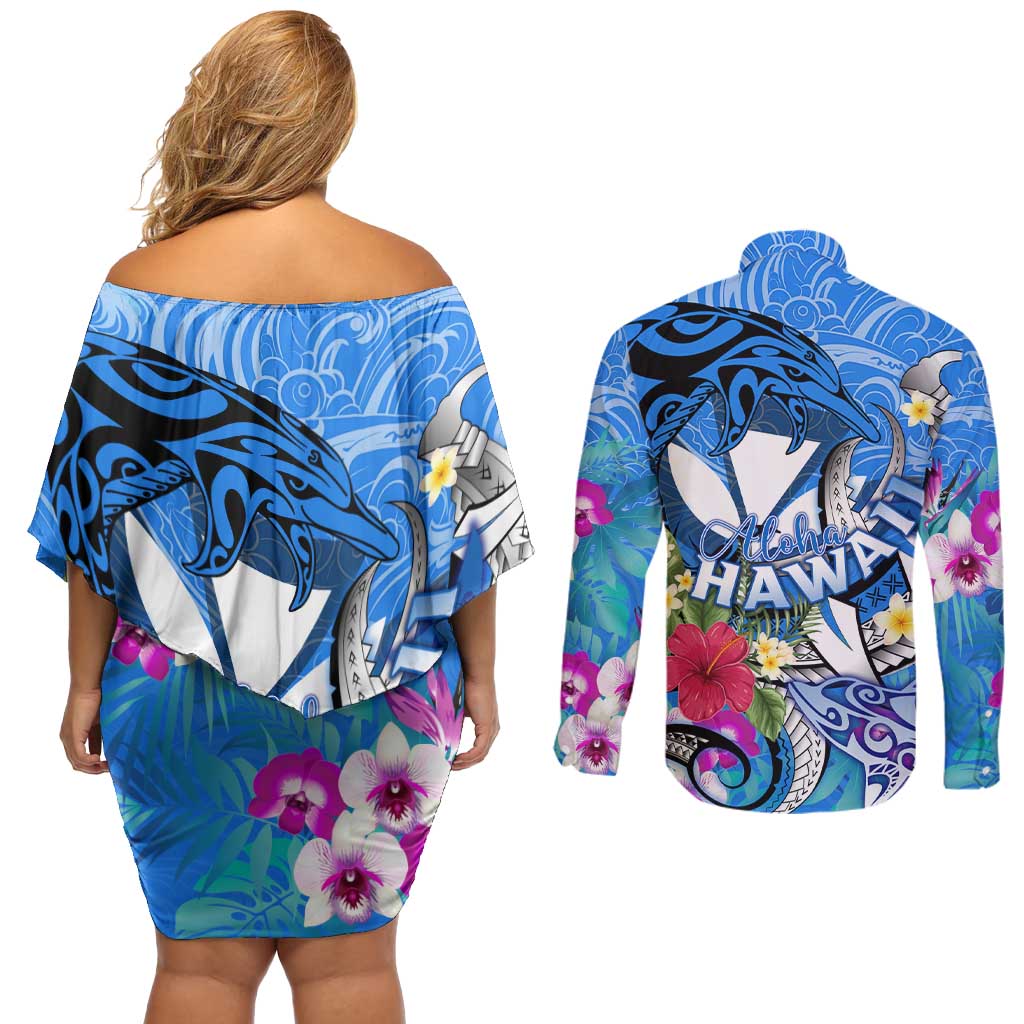 Aloha Hawaii Couples Matching Off Shoulder Short Dress and Long Sleeve Button Shirt Dolphins and Fish Hook Hibiscus