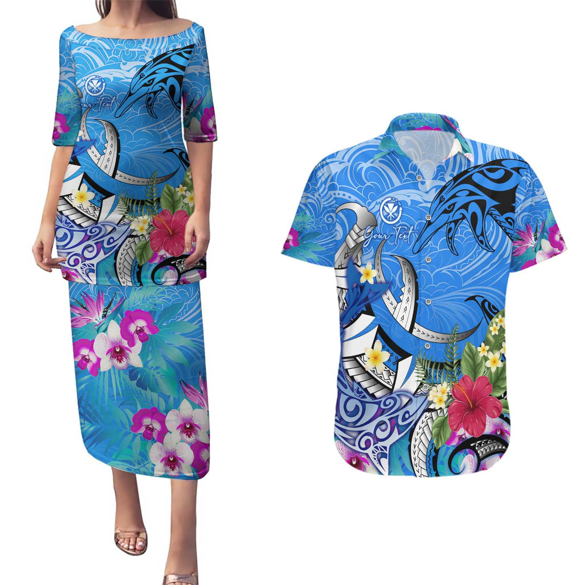 Aloha Hawaii Couples Matching Puletasi and Hawaiian Shirt Dolphins and Fish Hook Hibiscus