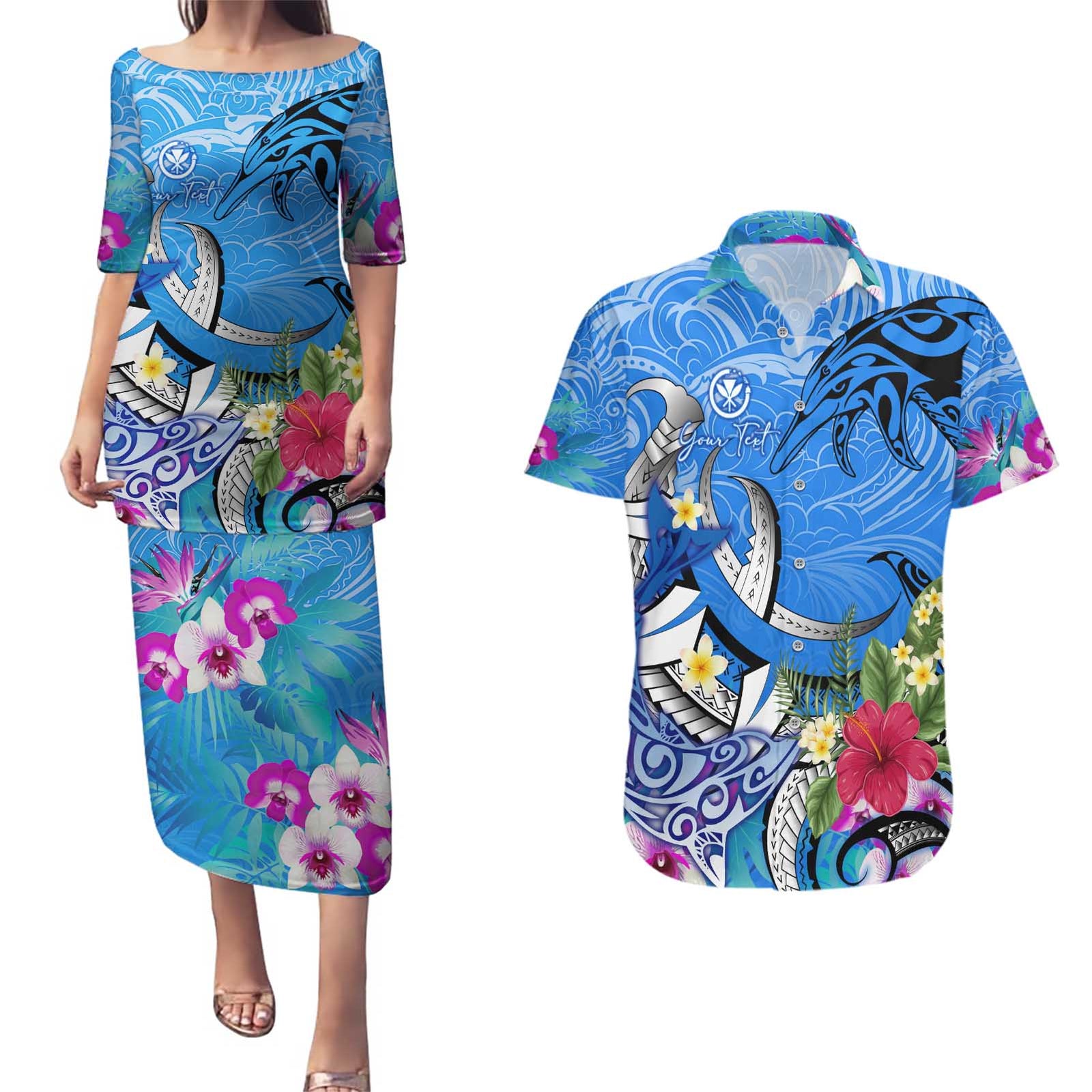 Aloha Hawaii Couples Matching Puletasi and Hawaiian Shirt Dolphins and Fish Hook Hibiscus
