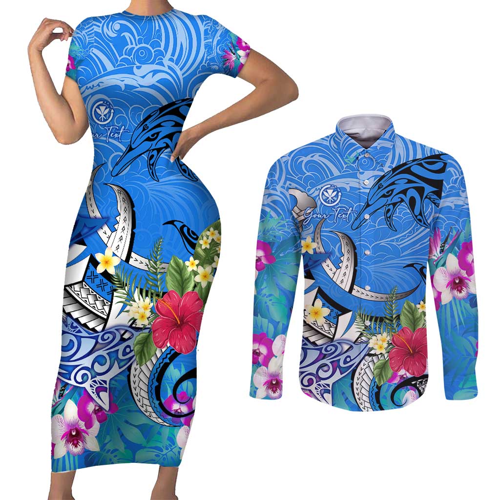 Aloha Hawaii Couples Matching Short Sleeve Bodycon Dress and Long Sleeve Button Shirt Dolphins and Fish Hook Hibiscus