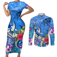 Aloha Hawaii Couples Matching Short Sleeve Bodycon Dress and Long Sleeve Button Shirt Dolphins and Fish Hook Hibiscus