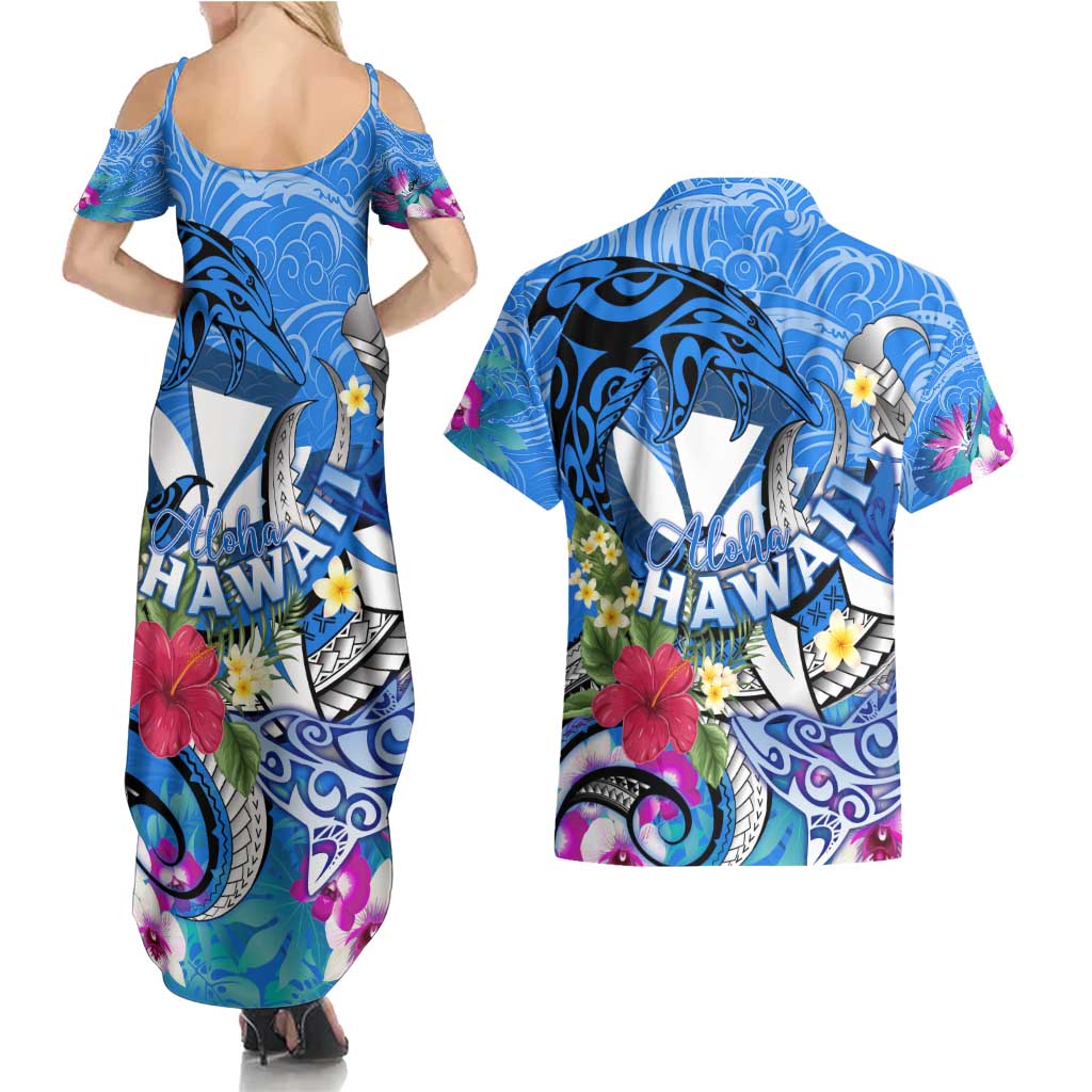 Aloha Hawaii Couples Matching Summer Maxi Dress and Hawaiian Shirt Dolphins and Fish Hook Hibiscus