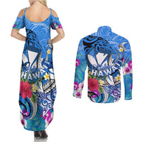 Aloha Hawaii Couples Matching Summer Maxi Dress and Long Sleeve Button Shirt Dolphins and Fish Hook Hibiscus
