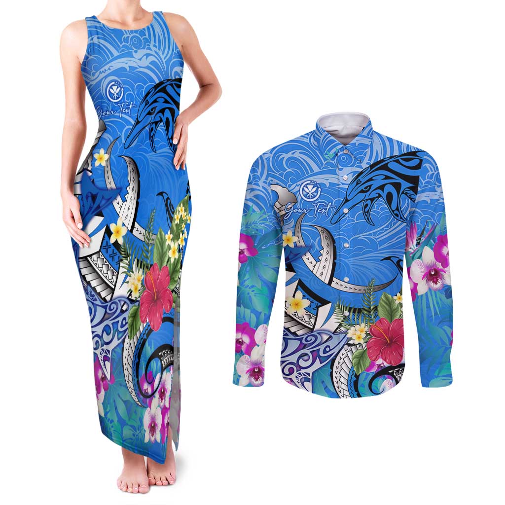 Aloha Hawaii Couples Matching Tank Maxi Dress and Long Sleeve Button Shirt Dolphins and Fish Hook Hibiscus