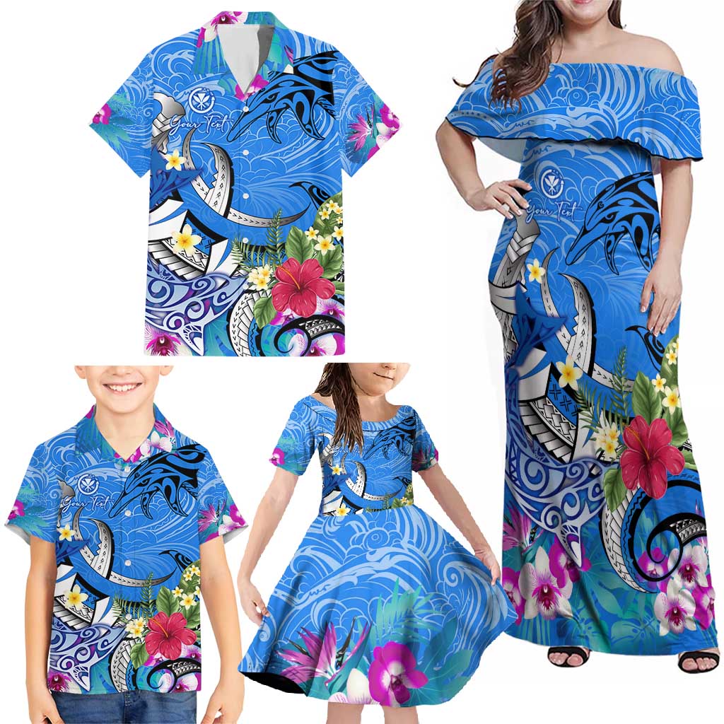 Aloha Hawaii Family Matching Off Shoulder Maxi Dress and Hawaiian Shirt Dolphins and Fish Hook Hibiscus