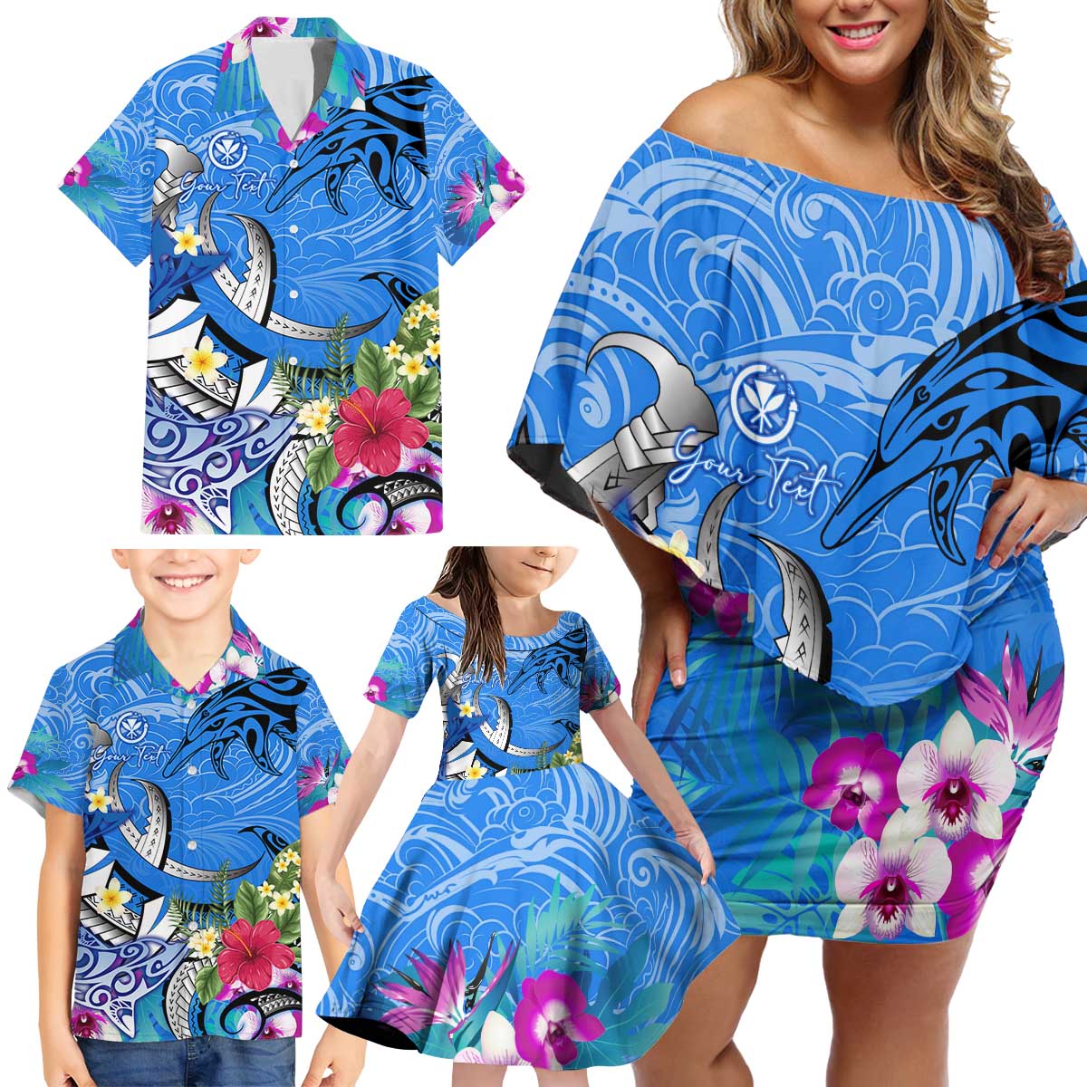 Aloha Hawaii Family Matching Off Shoulder Short Dress and Hawaiian Shirt Dolphins and Fish Hook Hibiscus DT02 - Polynesian Pride
