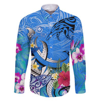 Aloha Hawaii Family Matching Off Shoulder Short Dress and Hawaiian Shirt Dolphins and Fish Hook Hibiscus DT02 Dad's Shirt - Long Sleeve Blue - Polynesian Pride