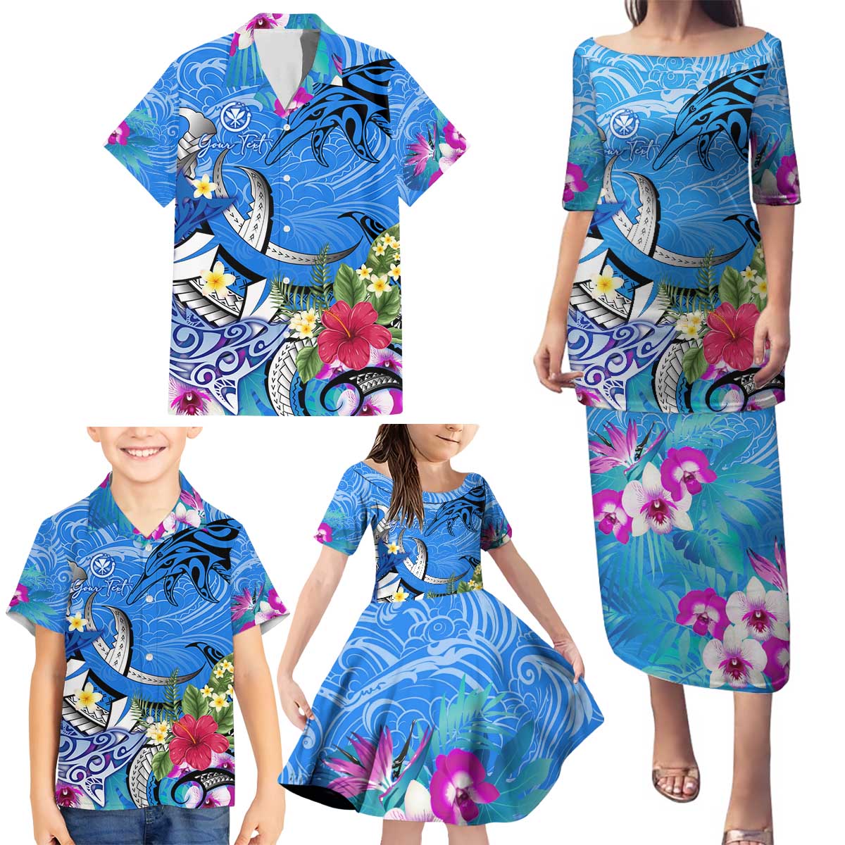 Aloha Hawaii Family Matching Puletasi and Hawaiian Shirt Dolphins and Fish Hook Hibiscus