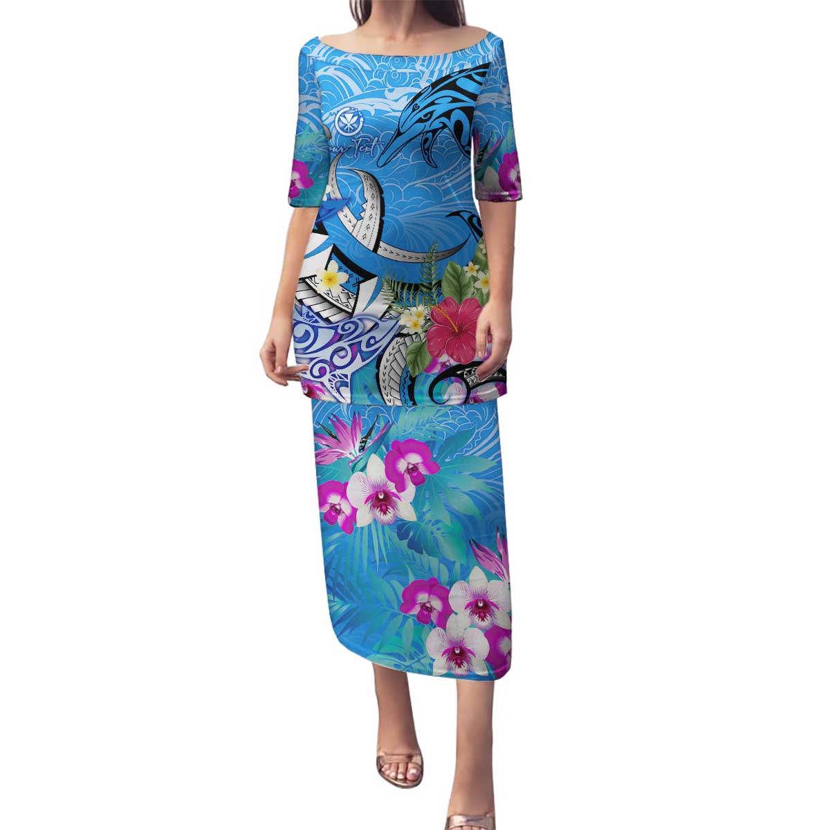 Aloha Hawaii Family Matching Puletasi and Hawaiian Shirt Dolphins and Fish Hook Hibiscus