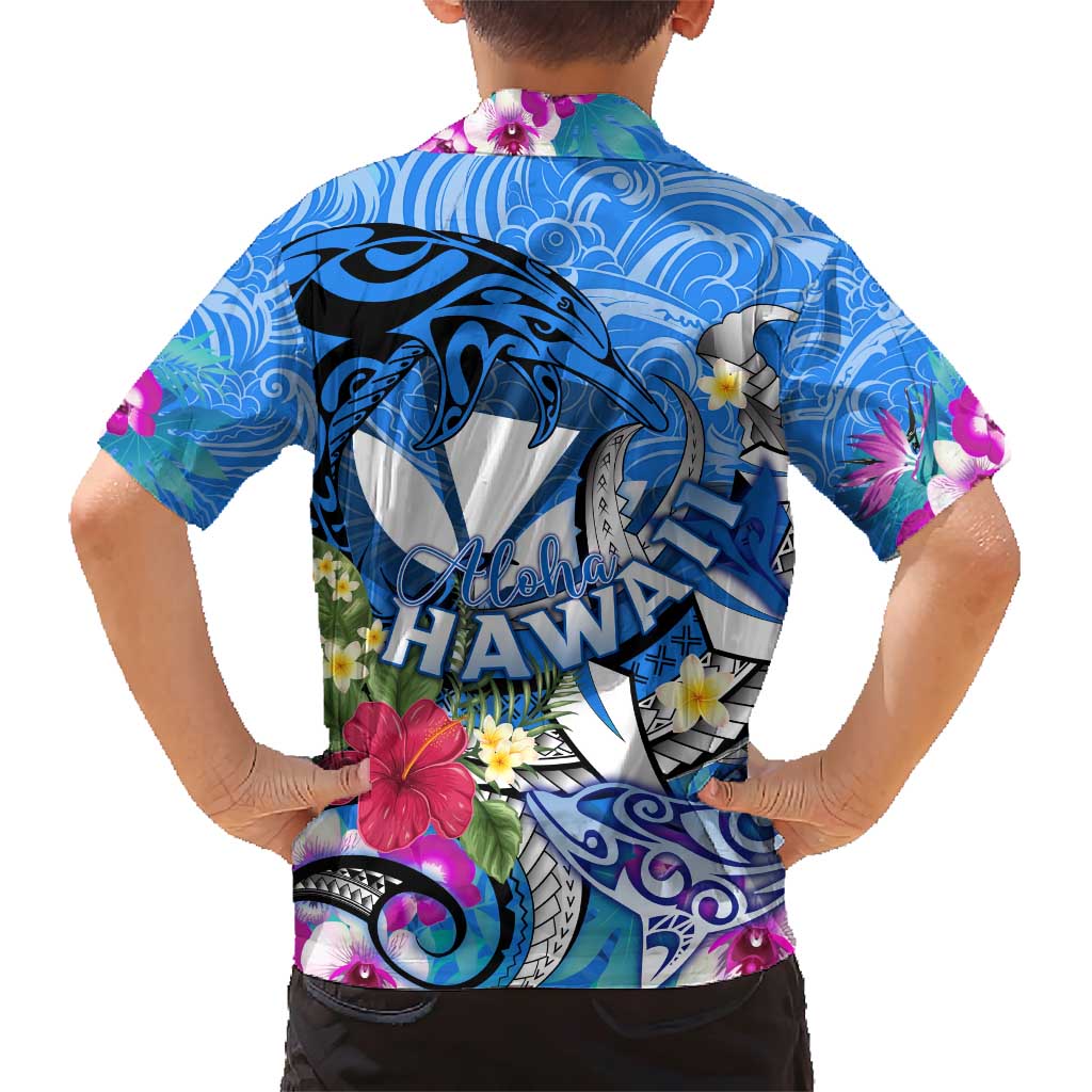Aloha Hawaii Family Matching Short Sleeve Bodycon Dress and Hawaiian Shirt Dolphins and Fish Hook Hibiscus
