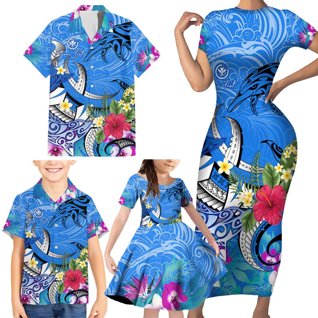 Aloha Hawaii Family Matching Short Sleeve Bodycon Dress and Hawaiian Shirt Dolphins and Fish Hook Hibiscus