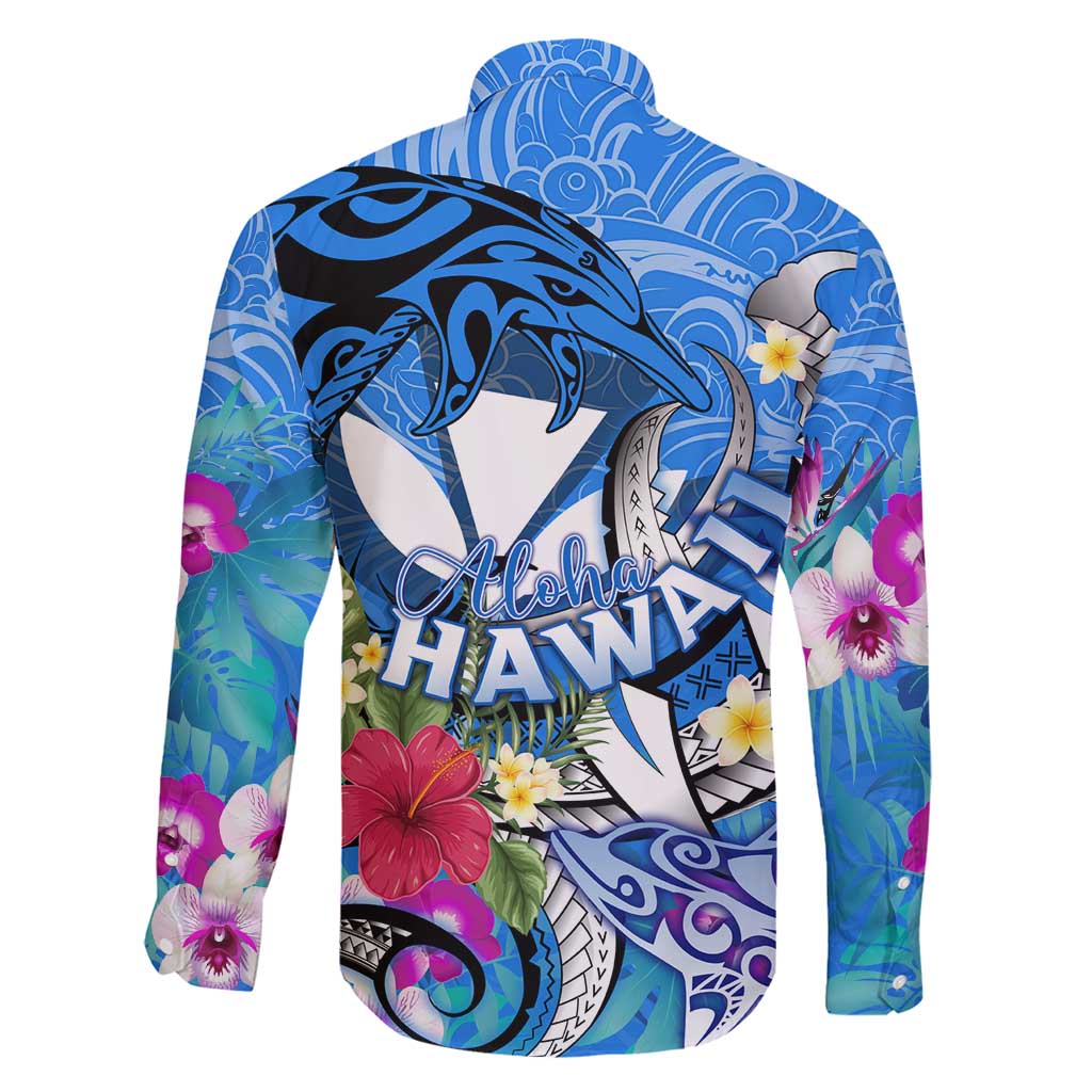 Aloha Hawaii Family Matching Short Sleeve Bodycon Dress and Hawaiian Shirt Dolphins and Fish Hook Hibiscus