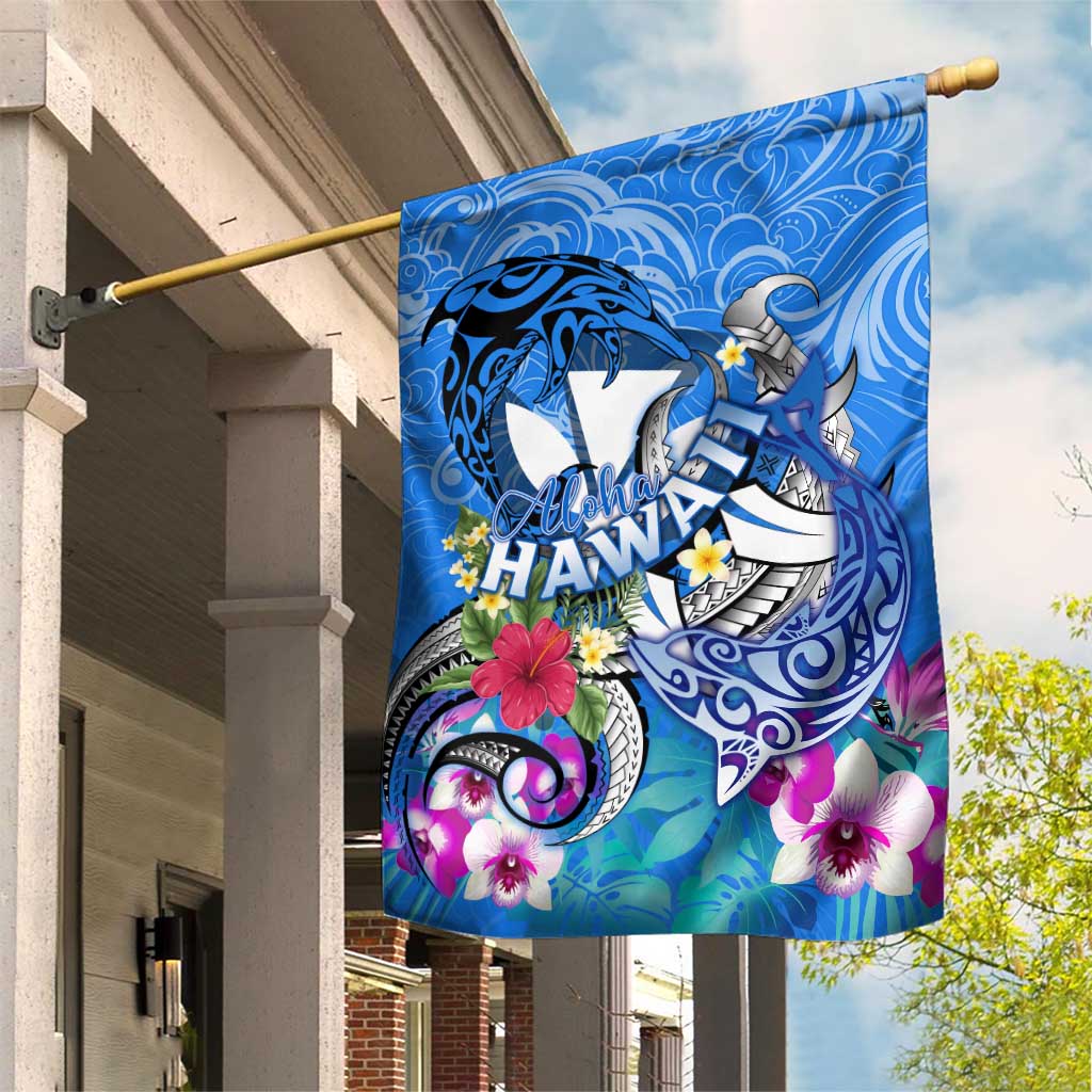 Aloha Hawaii Garden Flag Dolphins and Fish Hook Hibiscus