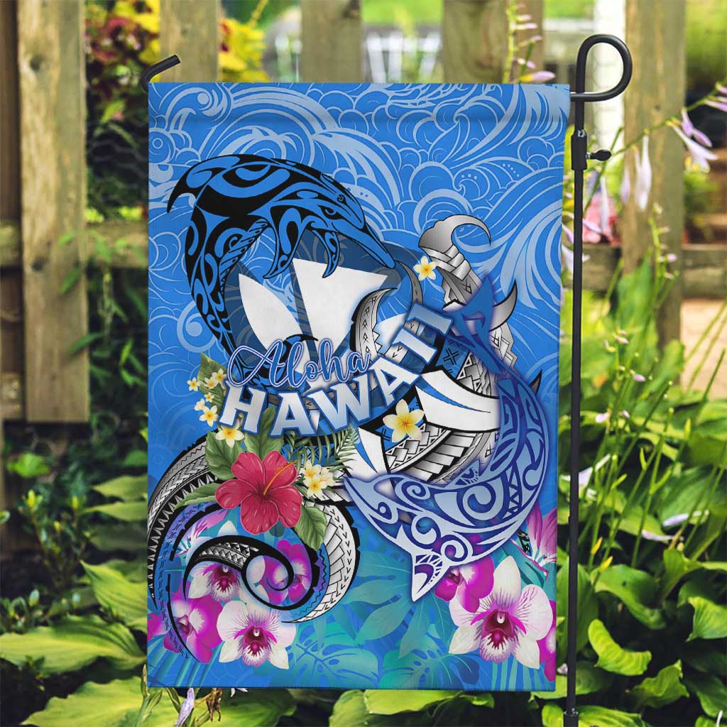 Aloha Hawaii Garden Flag Dolphins and Fish Hook Hibiscus DT02 Garden Flag Blue - Polynesian Pride