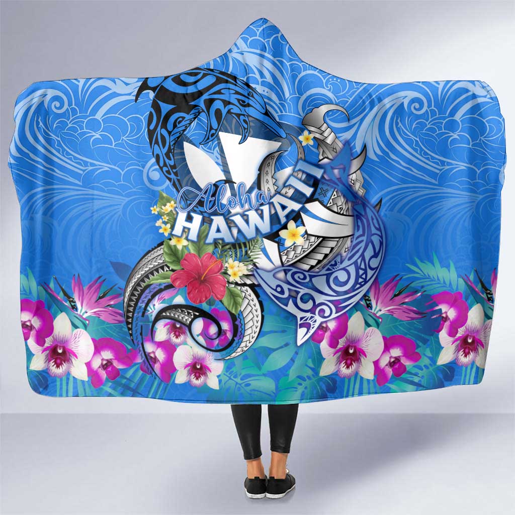 Aloha Hawaii Hooded Blanket Dolphins and Fish Hook Hibiscus DT02 One Size Blue - Polynesian Pride