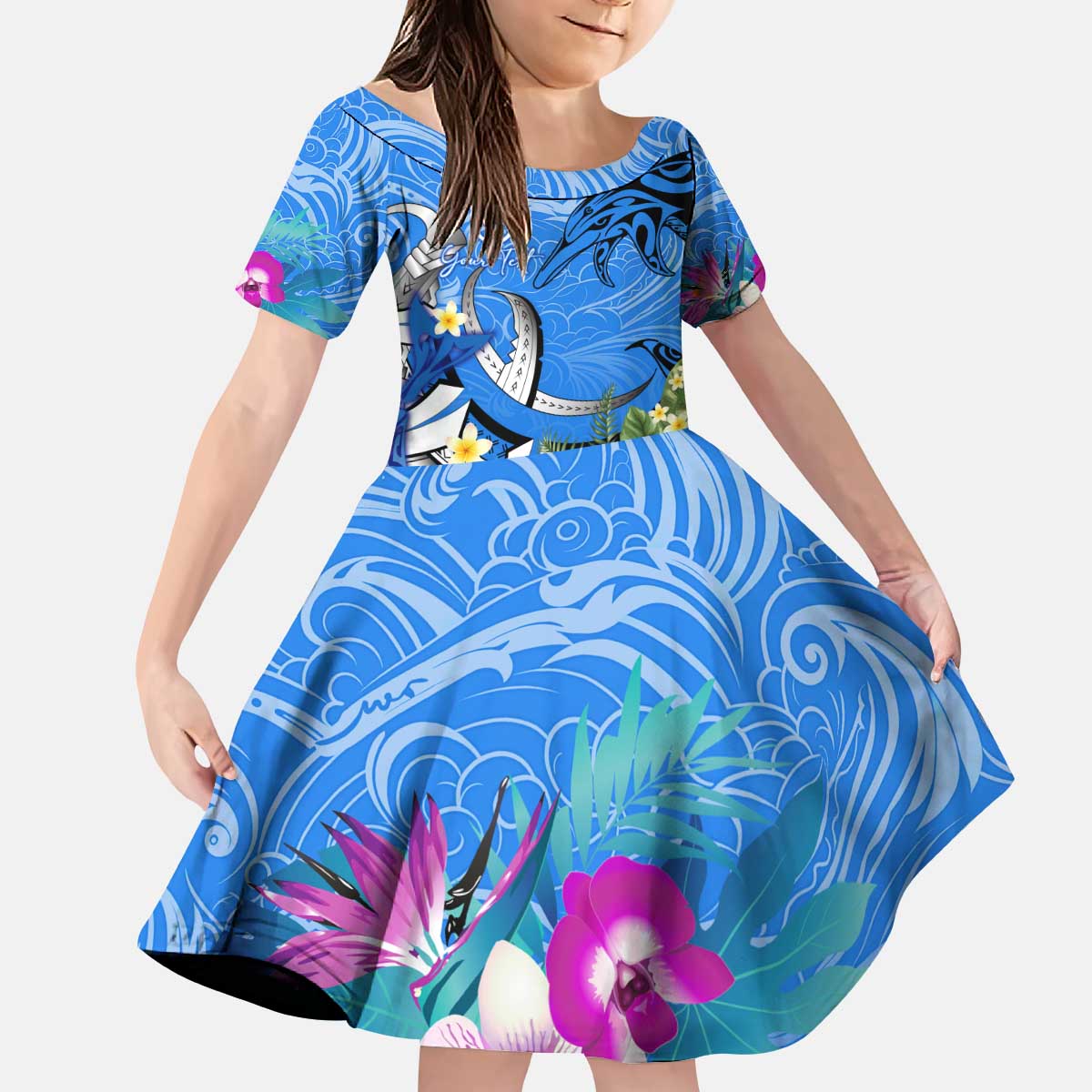 Aloha Hawaii Kid Short Sleeve Dress Dolphins and Fish Hook Hibiscus