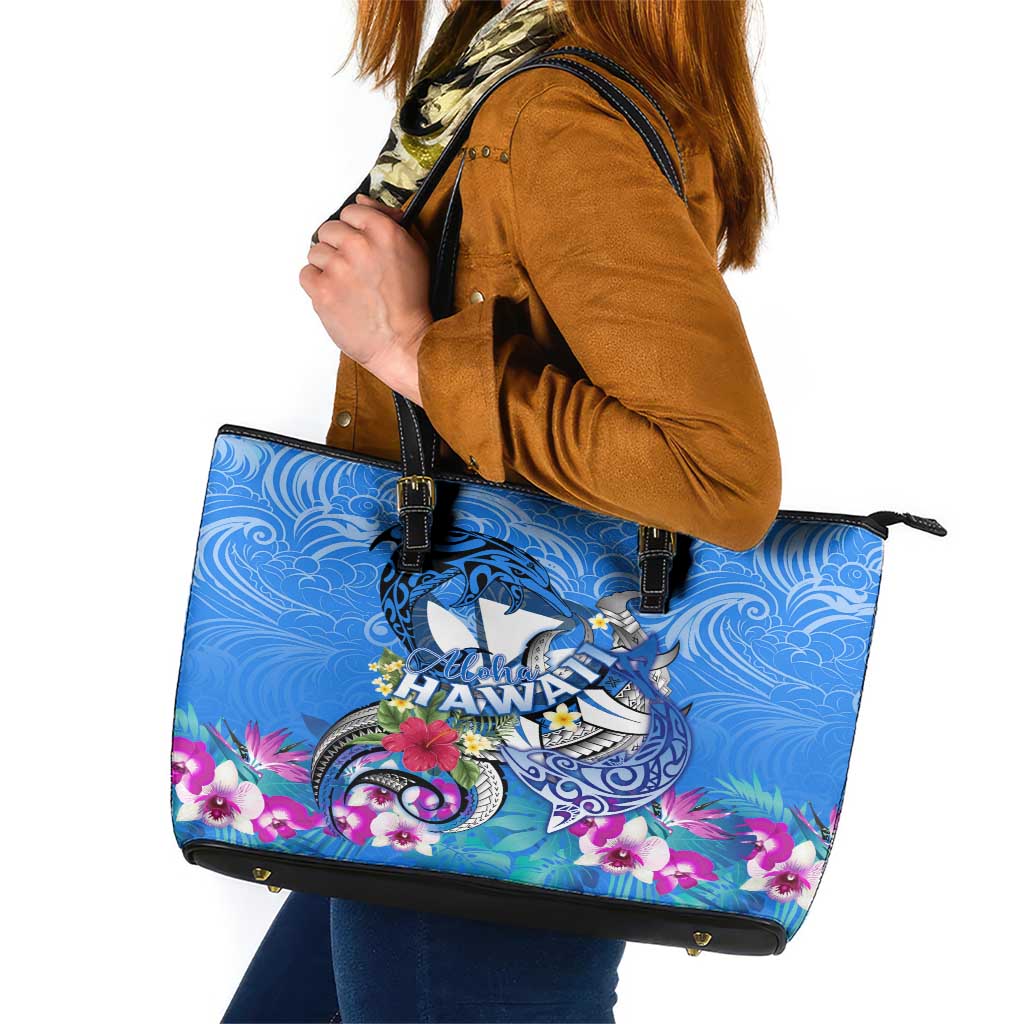 Aloha Hawaii Leather Tote Bag Dolphins and Fish Hook Hibiscus DT02 Blue - Polynesian Pride
