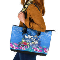 Aloha Hawaii Leather Tote Bag Dolphins and Fish Hook Hibiscus DT02 Blue - Polynesian Pride