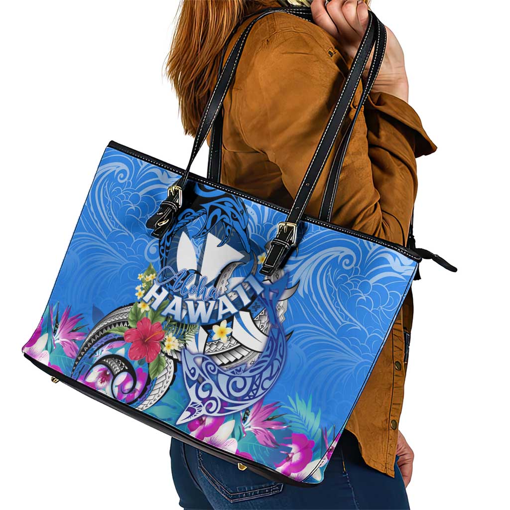 Aloha Hawaii Leather Tote Bag Dolphins and Fish Hook Hibiscus DT02 - Polynesian Pride
