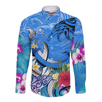 Aloha Hawaii Long Sleeve Button Shirt Dolphins and Fish Hook Hibiscus