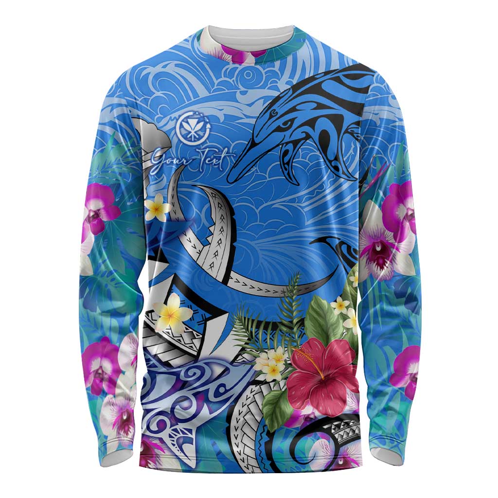 Aloha Hawaii Long Sleeve Shirt Dolphins and Fish Hook Hibiscus