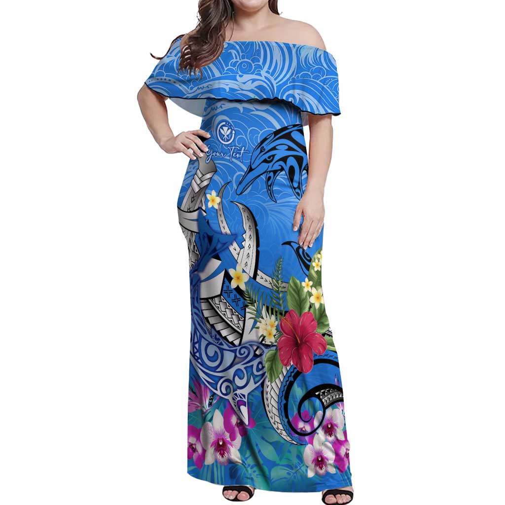 Aloha Hawaii Off Shoulder Maxi Dress Dolphins and Fish Hook Hibiscus