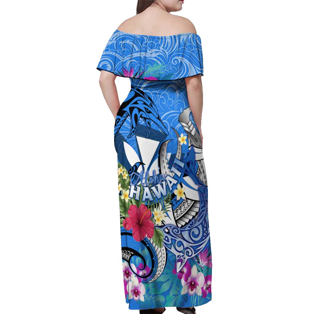 Aloha Hawaii Off Shoulder Maxi Dress Dolphins and Fish Hook Hibiscus