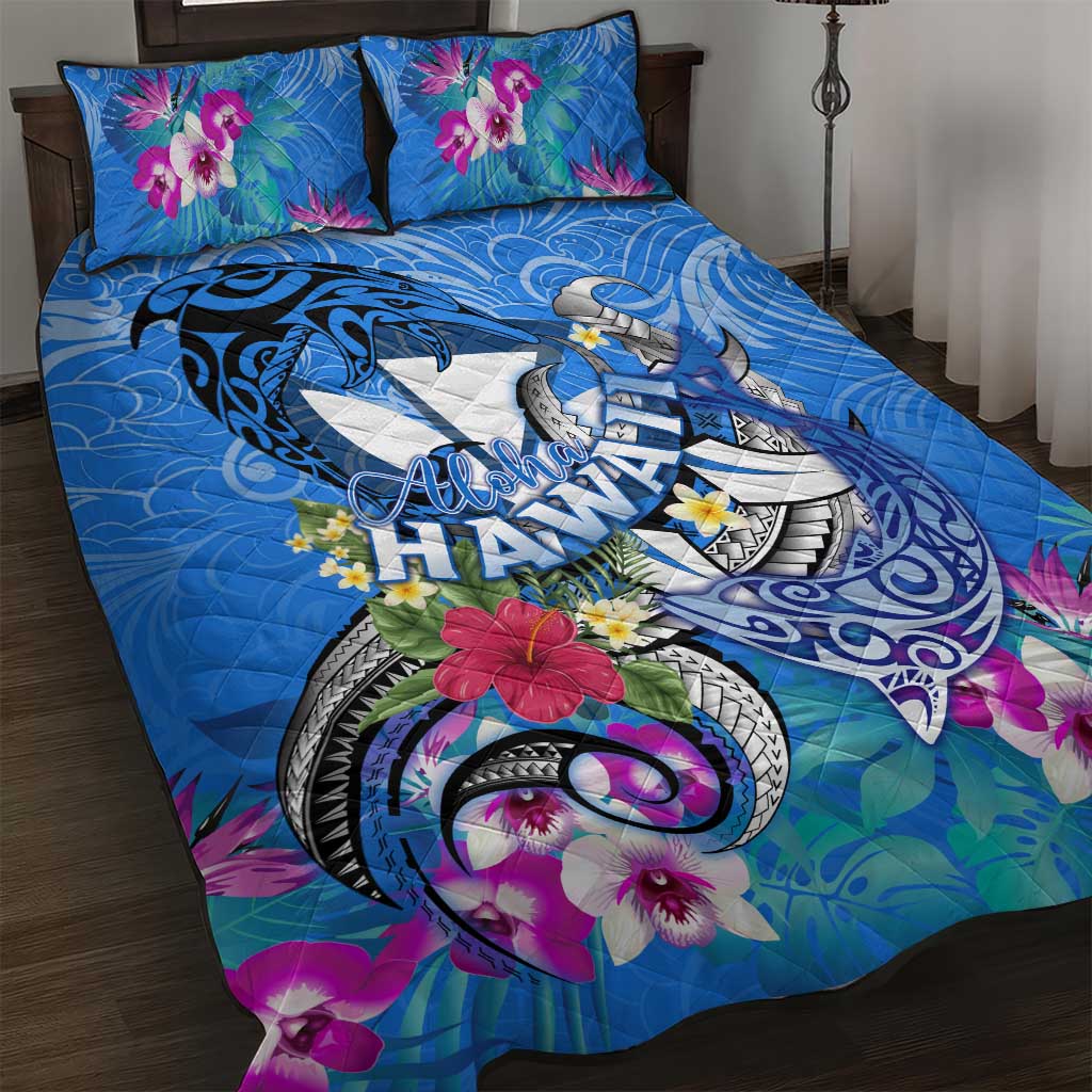 Aloha Hawaii Quilt Bed Set Dolphins and Fish Hook Hibiscus